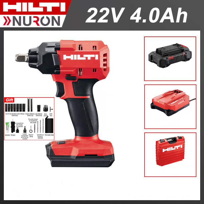 [Električni ključ HILTI/NURON SIW 4AT + baterija 22V/4,0Ah + polnilec + škatla z orodjem + set orodja za nasadne nasadnike]