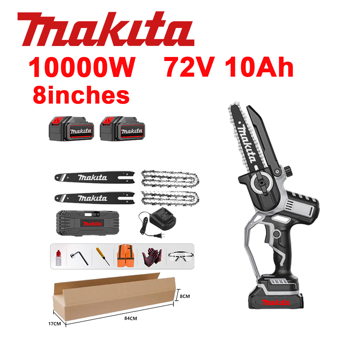 10-palčna brezkrtačna litij-ionska žaga, moč 10.000 W, baterija 72 V 10,0 Ah*2, polnilec, vodilo*2, veriga*2, škatla za orodje, mazalno olje in zaščitna očala, petletna garancija