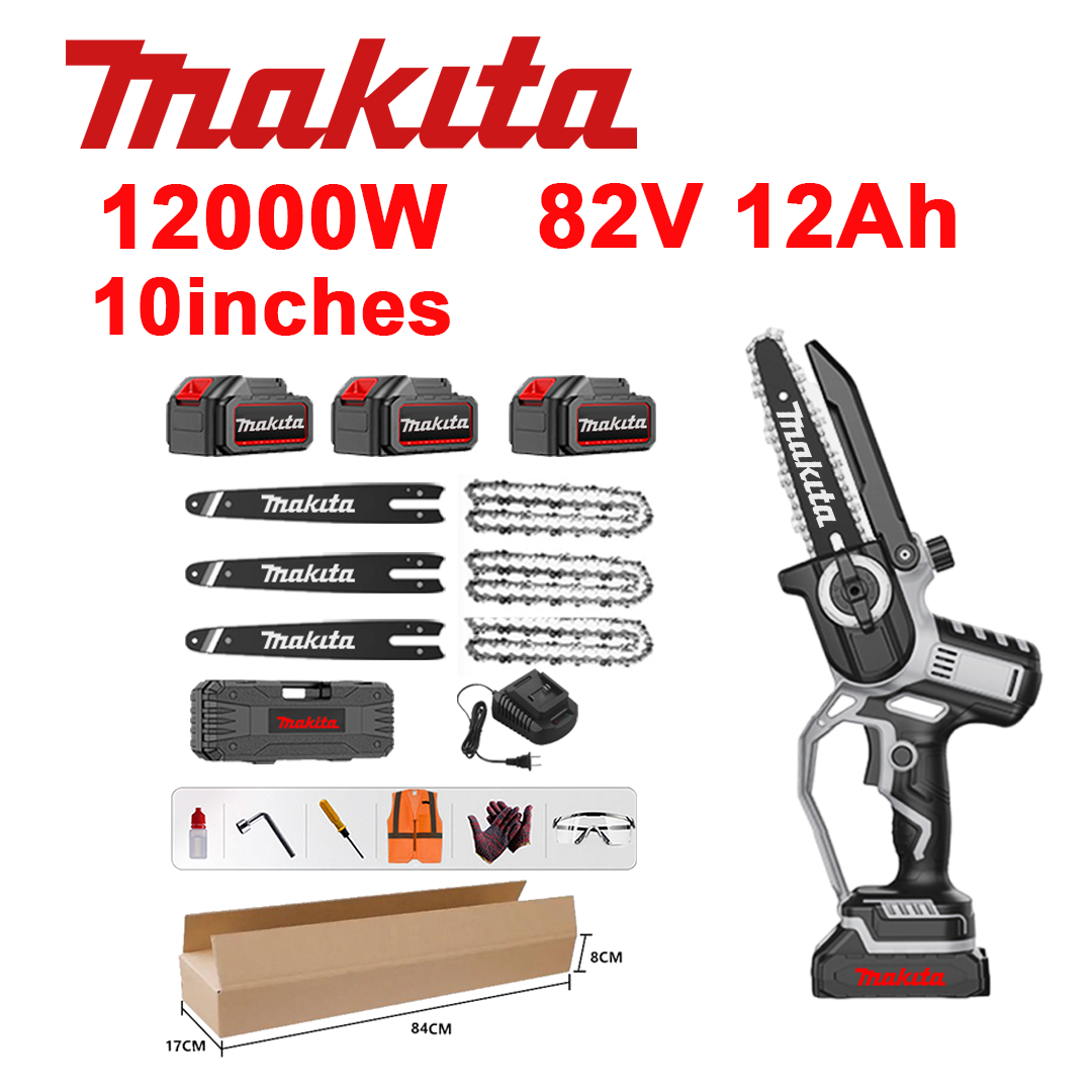 10-palčna brezkrtačna litij-ionska žaga, moč 12.000 W, baterija 82 V 12,0 Ah*3, polnilec, vodilo*3, veriga*3, škatla za orodje, olje za mazanje in zaščitna očala, petletna garancija