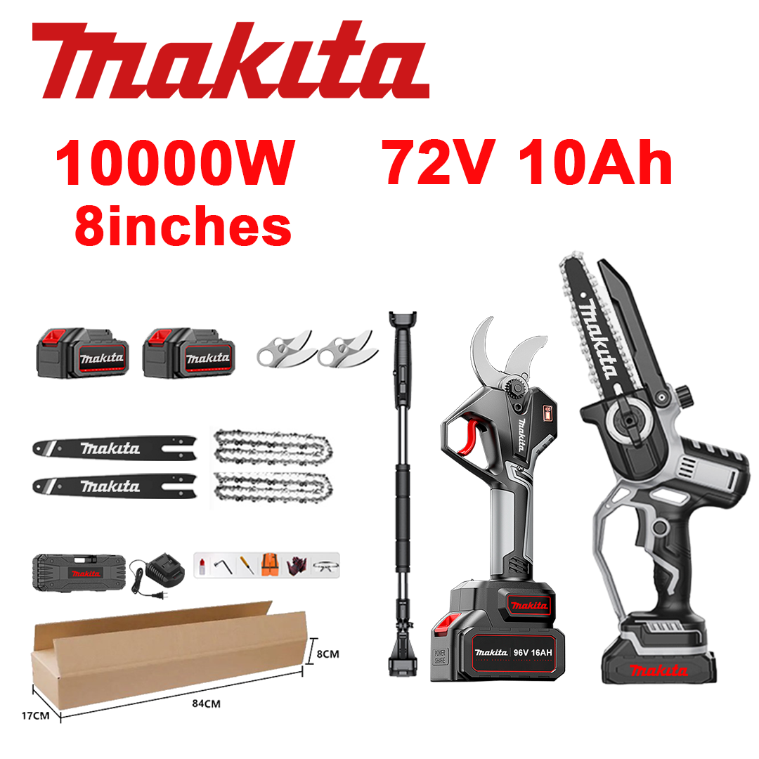 LED indikator moči (življenjska doba baterije: 10 ur). 8-palčna 10.000 W litij-ionska žaga + škarje za obrezovanje + 72 V 10,0 Ah baterija*2 + polnilec + vodila *2 + verige *2 + rezila iz zlitine SK9 *2 + teleskopska palica *1 (teleskopska 150cm-450cm) + škatla z orodjem + 0 varnostnih olj.