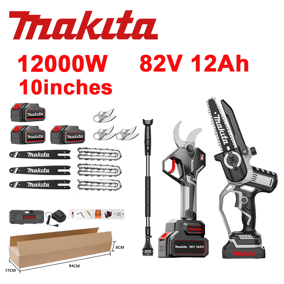 LED indikator napetosti (življenjska doba baterije: 18 ur). 10-palčna litij-ionska žaga z močjo 12000 W + škarje za obrezovanje + 82 V 12,0 Ah baterija*3 + polnilnik + palice*3 + verige*3 + rezila iz zlitine SK9*3 + teleskopska palica*1 (teleskopska od 150 cm do 450 cm) + orodje za zaščito pred oljem.
