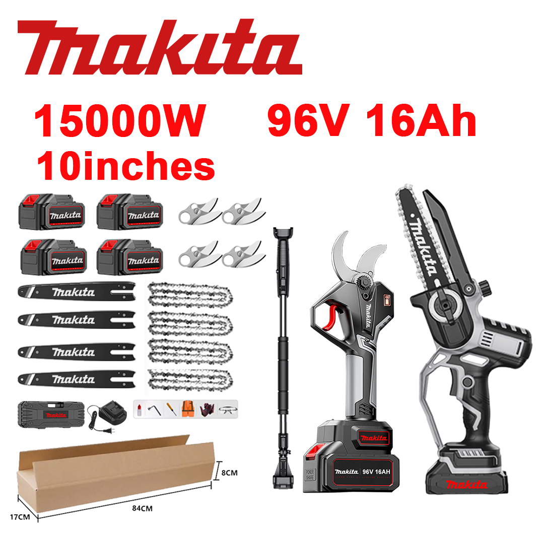LED indikator napetosti (življenjska doba baterije: 36 ur). 10-palčna 15.000 W litij-ionska žaga + škarje za obrezovanje + 96 V 16,0 Ah baterija*4 + polnilnik + vodila *4 + verige *4 + rezila iz zlitine SK9 *4 + teleskopska palica *1 (razteza se od 150 cm do 450 cm) + 1 varnostno orodje.